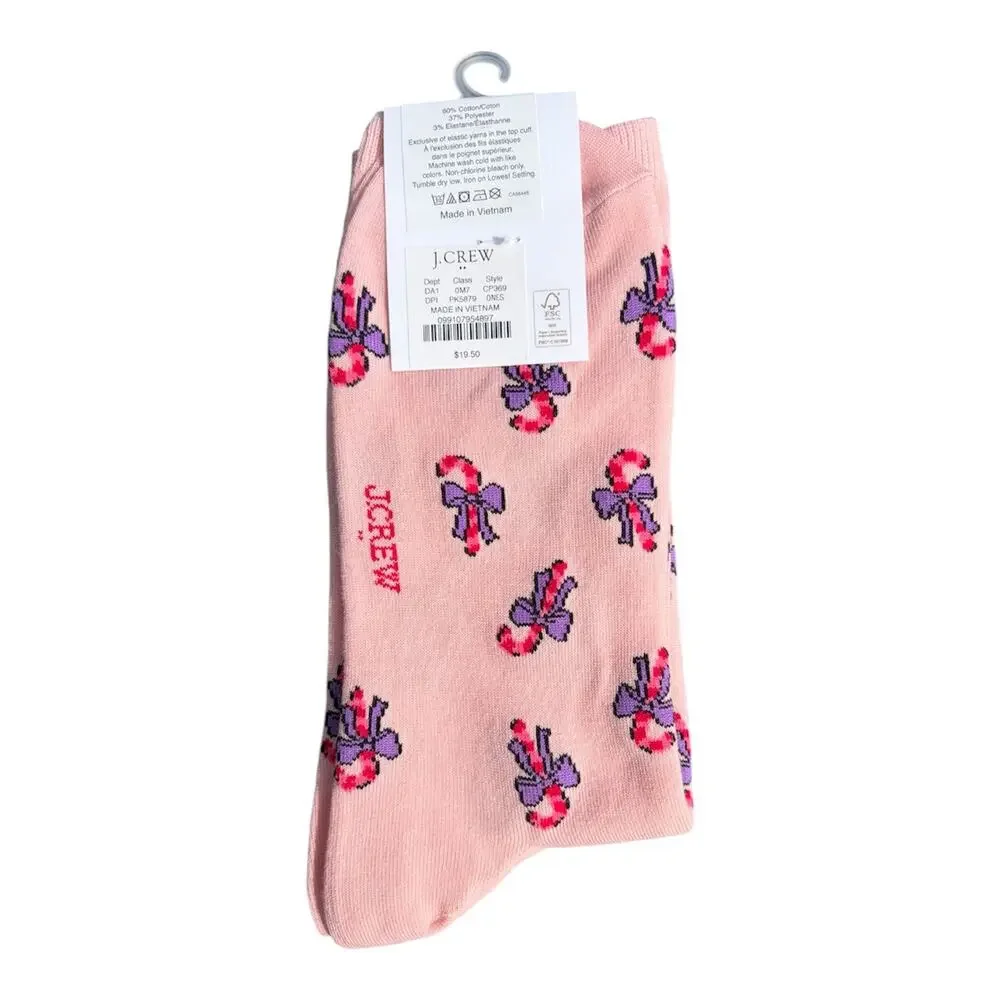 J. Crew Womens Christmas Candy Cane Bows Pink Trouser Socks NWT One Size